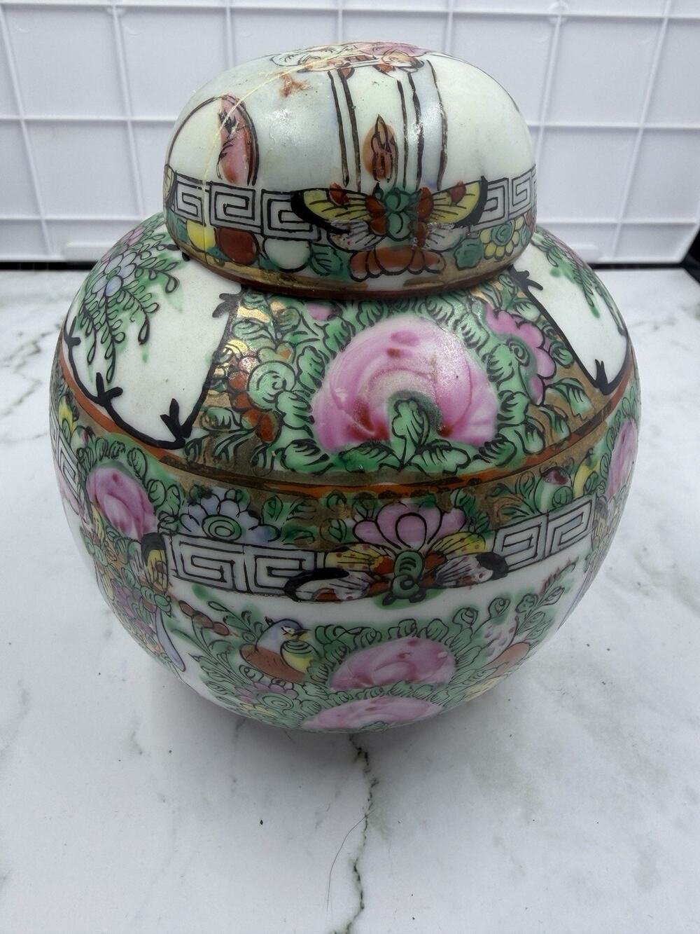 Vintage Famille Rose Medallion Ginger Jar Lid Hand Painted In Hong Kong SEE PICS